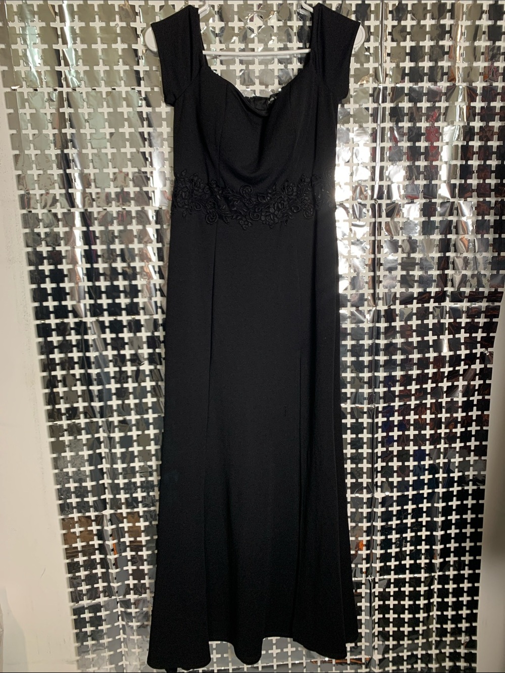 Sequin Hearts Black Maxi Dress with Embroidered Floral Waist